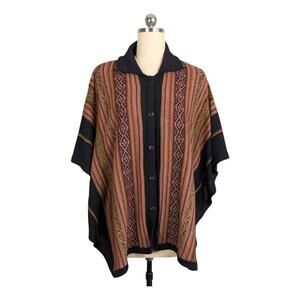 Alpaca Poncho Sweater Cardigan OS Black Orange Button Boho Western Stripe Indie